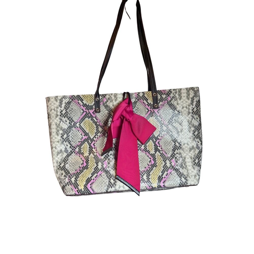 Betsey Johnson snakeskin print tote bag with a large hot pink bow
